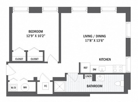 Floor plan for 1 bed, 1 bath, 681 sqft